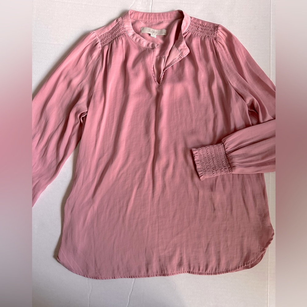 LOFT Pink Smocked Split Neck Blouse Small Petite
